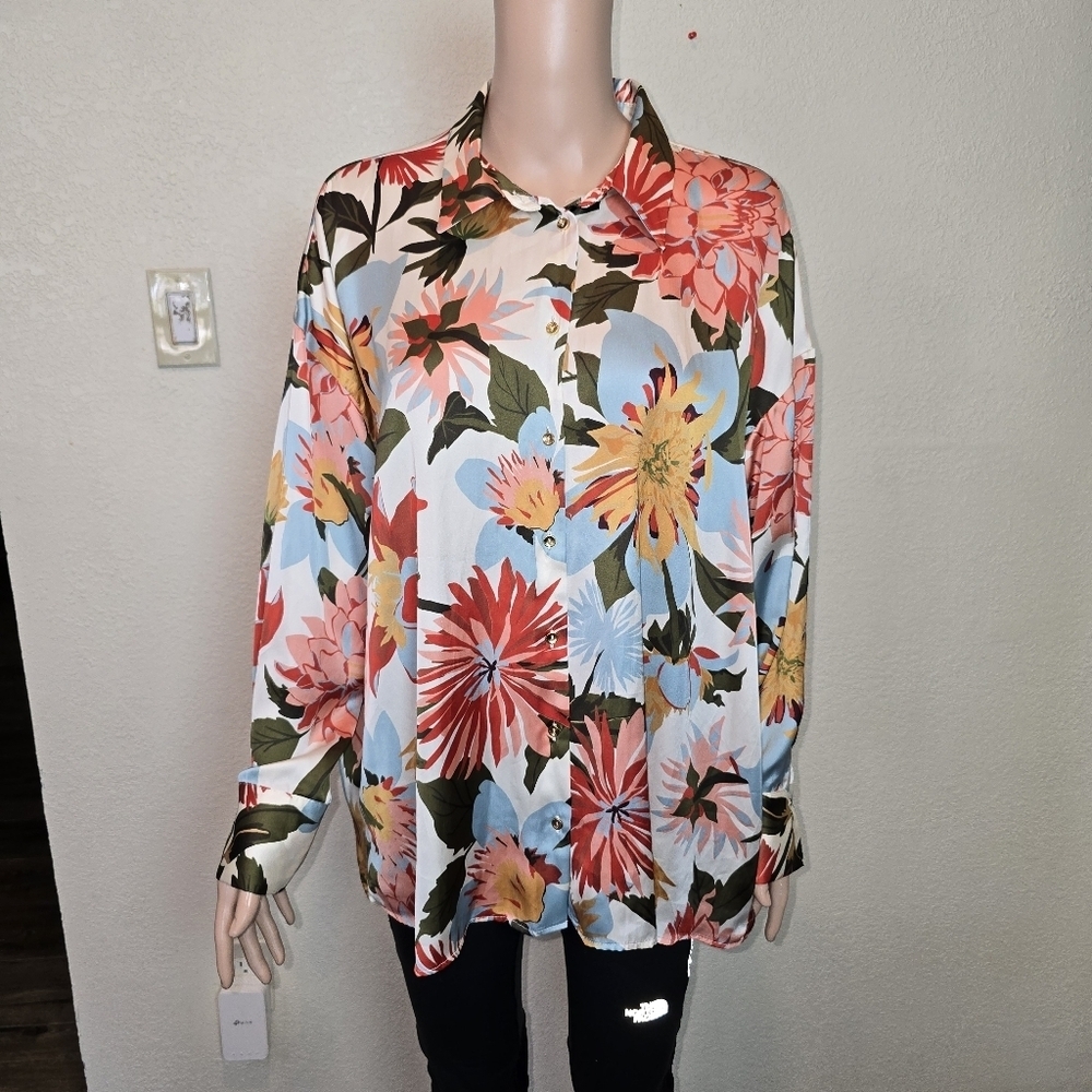 ZARA Satin Floral Printed Button-Down Shirt Long Sleeve Multicolored women’s Xl - Picture 2 of 11